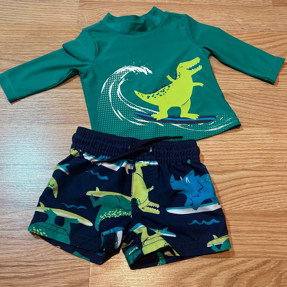 Just One You Carter's Baby Boy 3M Dinosaur Surfing‎ Rash Guard Swim Trunk Set